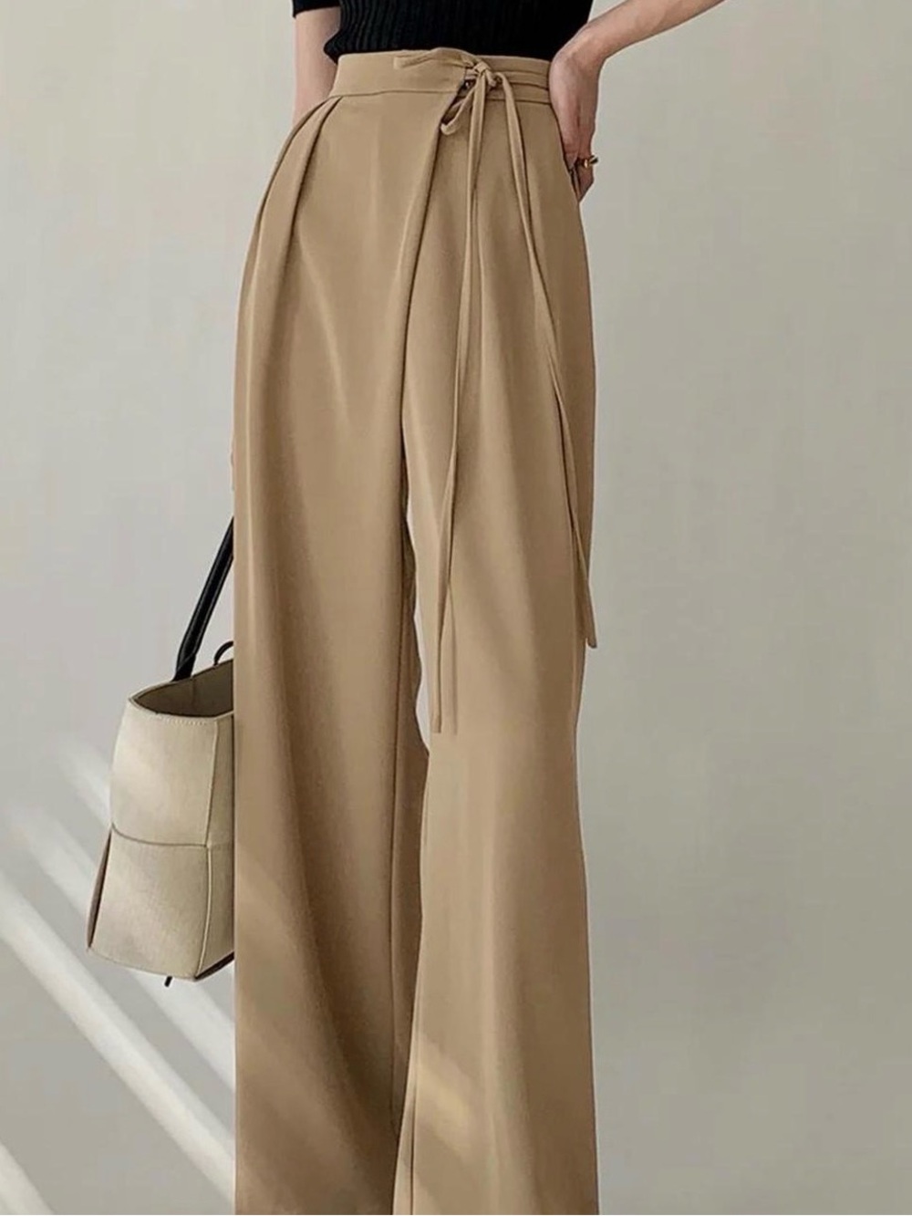 High-Waist Wide-Leg Tie Belt Pants - Beige
